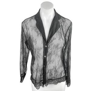Sense Black Floral Mesh Sheer Long Sleeve Button Down Shirt Blouse Top Size S